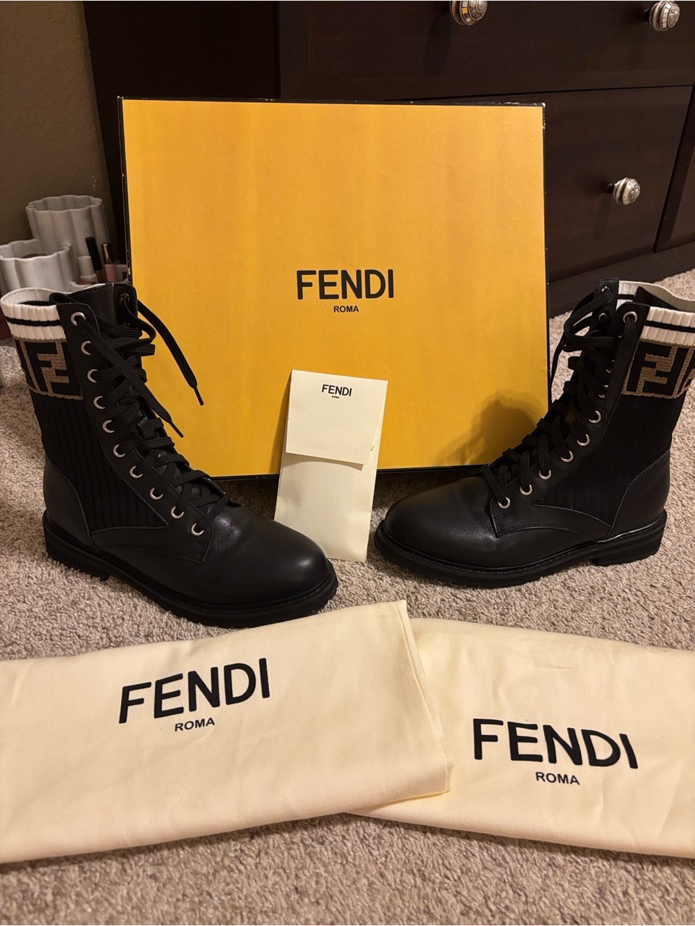 AUTHENTIC Fendi Black Leather biker combat Lace-Up Boots with Logo size 7 or 37